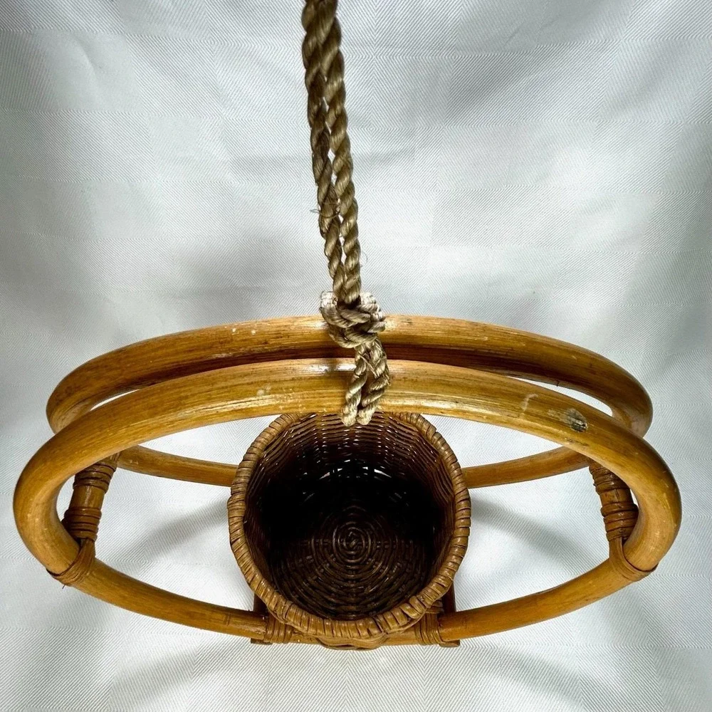 VTG Bent Bamboo Rattan Wood Hanging Basket Hoop Planter MCM/Boho 14